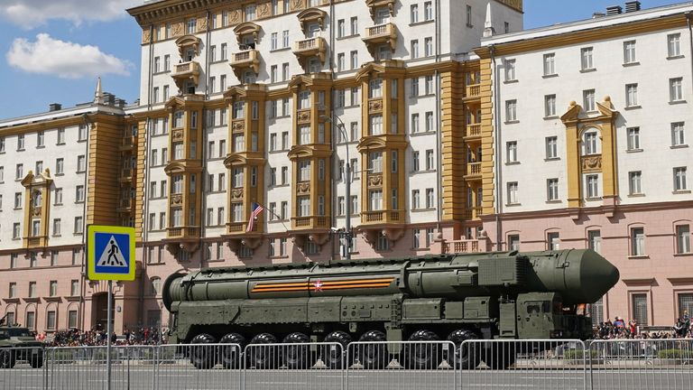 A Russian Yars intercontinental ballistic missile system drives past the U.S. embassy after a military parade on Victory Day, which marks the 78th anniversary of the victory over Nazi Germany in World War Two, in Moscow, Russia May 9, 2023. REUTERS/Tatyana Makeyeva